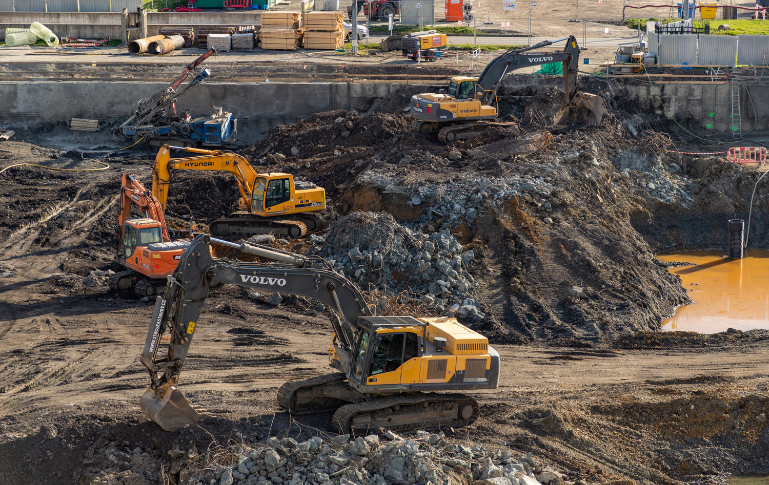Construction excavator at work on site with dirt and rocks