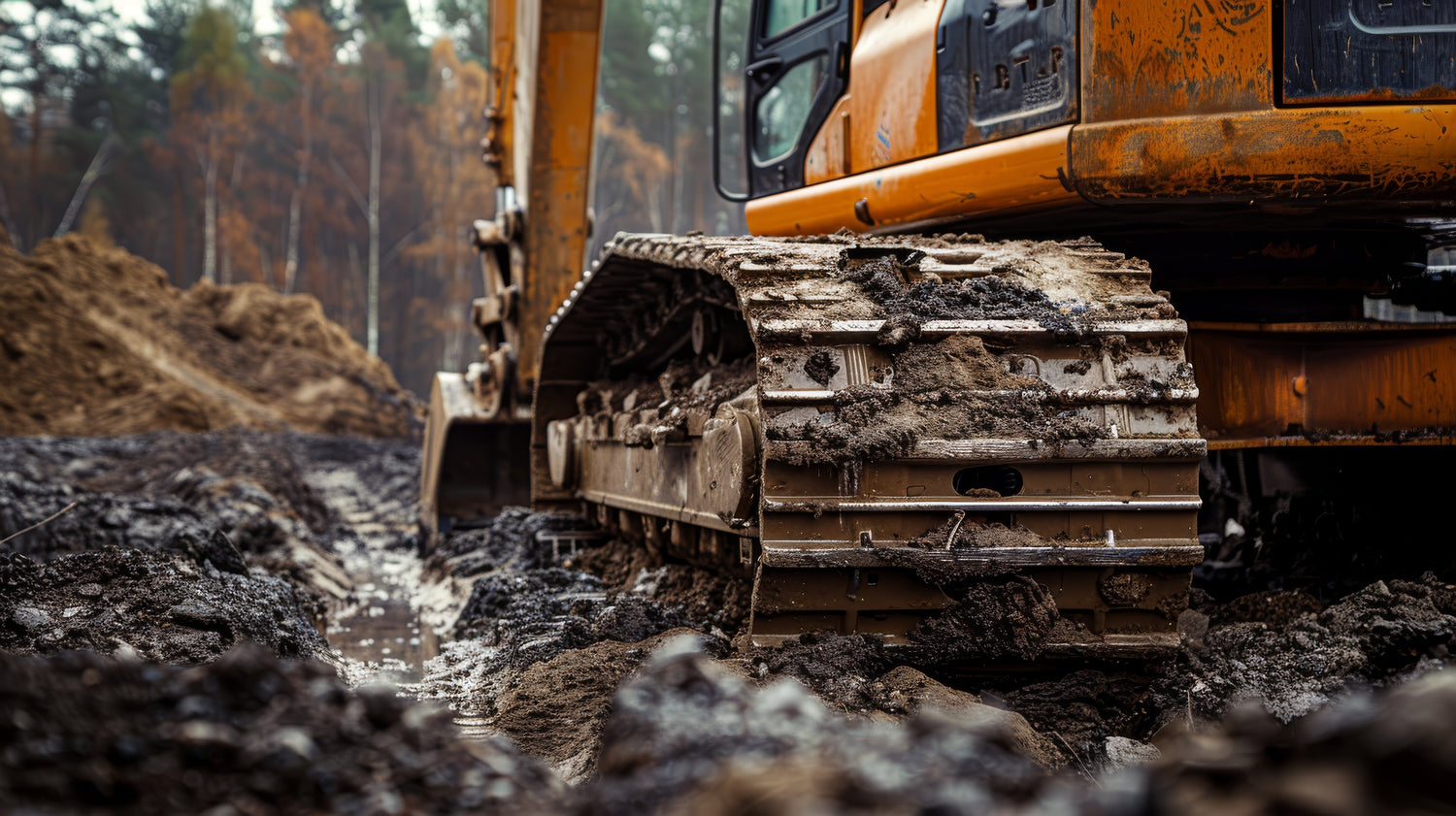 Excavator track close-up working in muddy terrain